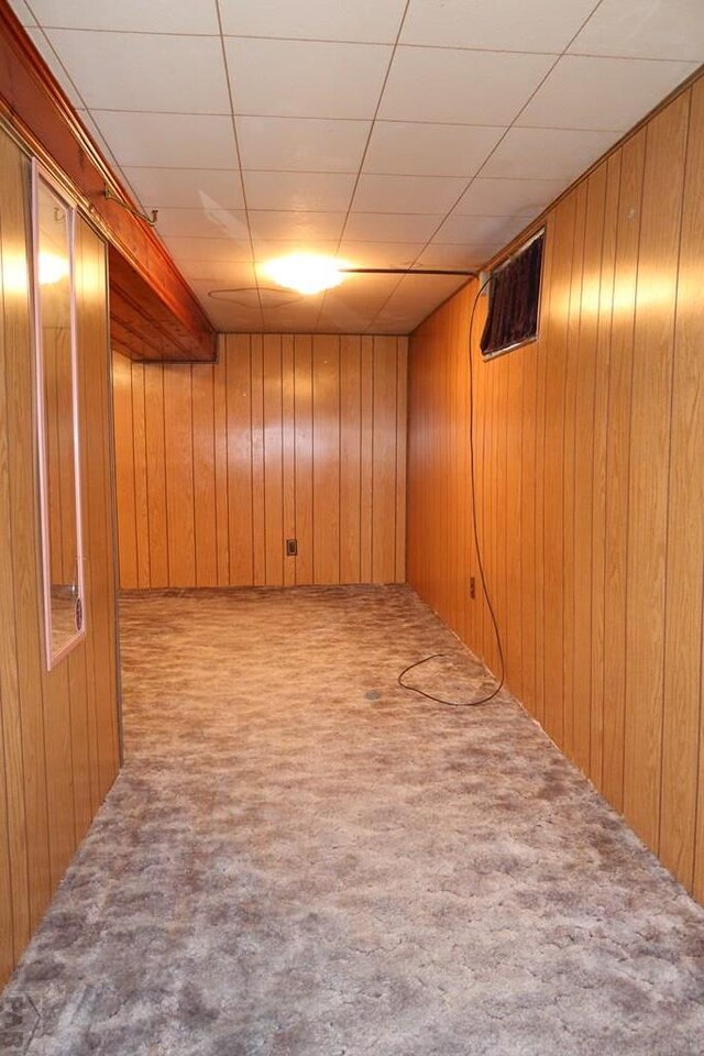 finished below grade area featuring light carpet, wood walls, and a paneled ceiling