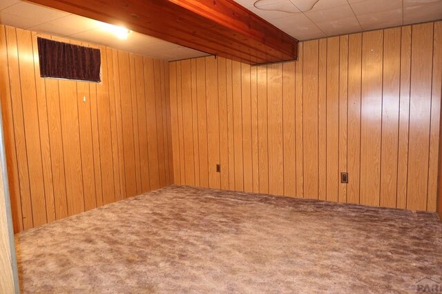 finished basement with wooden walls and carpet flooring