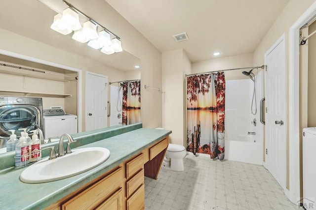 full bathroom with visible vents, toilet, shower / tub combo, vanity, and tile patterned floors