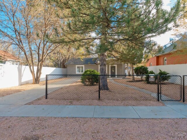 view of front of home with a gate, fence, and stucco siding