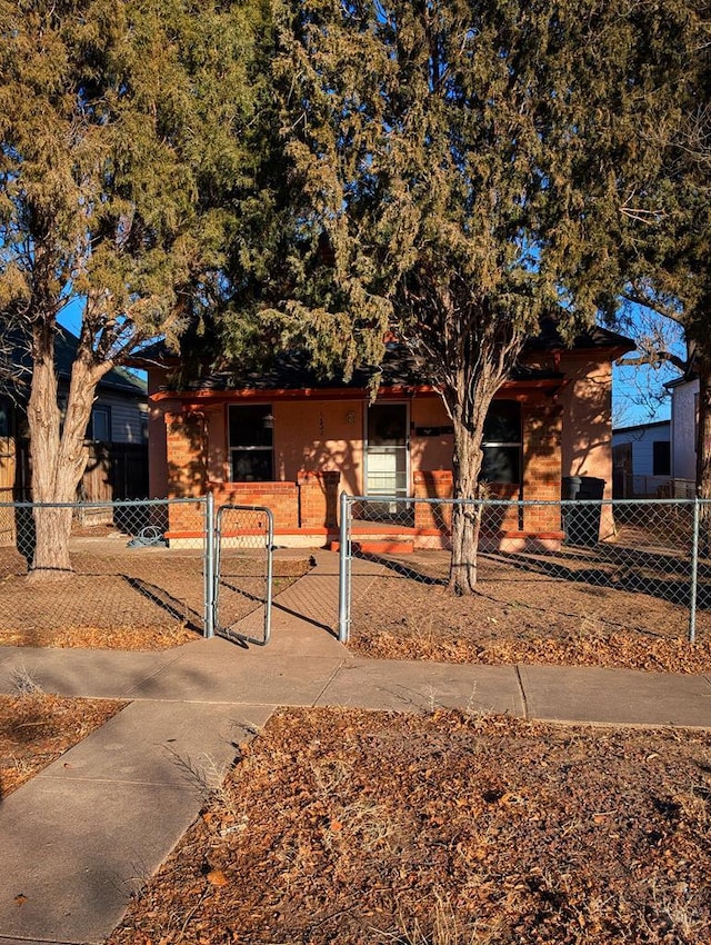 view of front of house with a fenced front yard and a gate