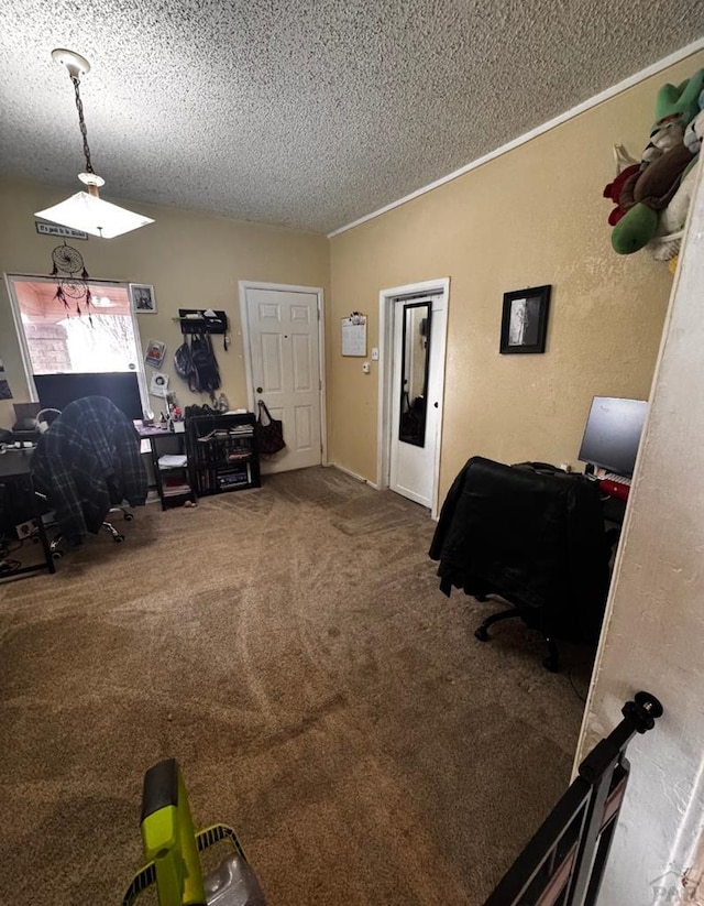 interior space with carpet floors, a textured ceiling, and a textured wall