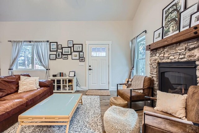 living area featuring a fireplace, baseboards, and wood finished floors