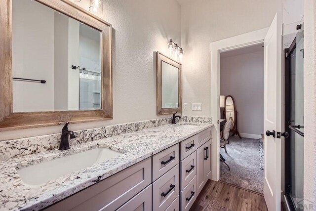 full bathroom featuring double vanity, wood finished floors, and a sink