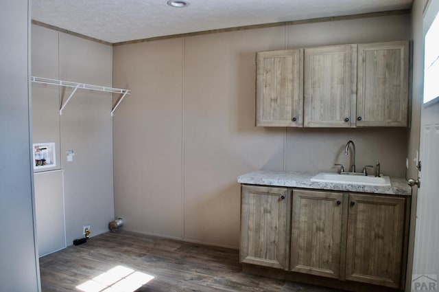 clothes washing area with dark wood-style floors, washer hookup, cabinet space, and a sink