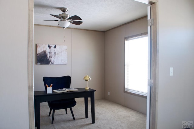 office area featuring light carpet, ceiling fan, and a textured ceiling