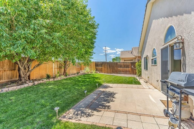 view of yard with a fenced backyard and a patio