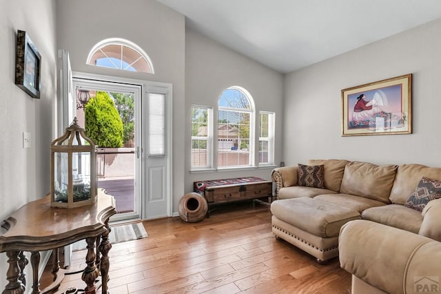 interior space with light wood finished floors and vaulted ceiling