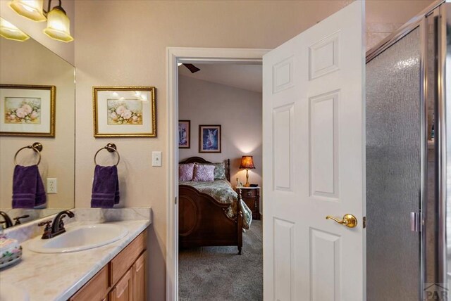 ensuite bathroom with ensuite bathroom, a shower stall, and vanity