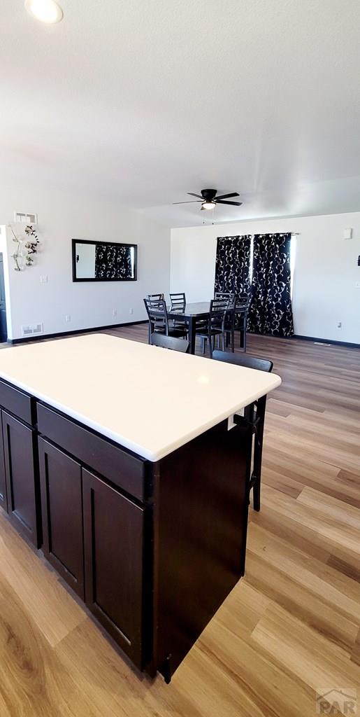 kitchen with open floor plan, light countertops, dark brown cabinets, and light wood-style flooring