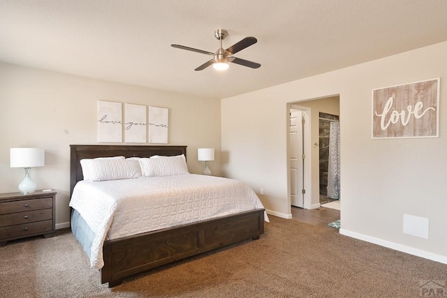 bedroom featuring carpet floors, ceiling fan, and baseboards