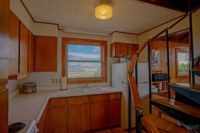 kitchen with stove, brown cabinets, freestanding refrigerator, light countertops, and a sink
