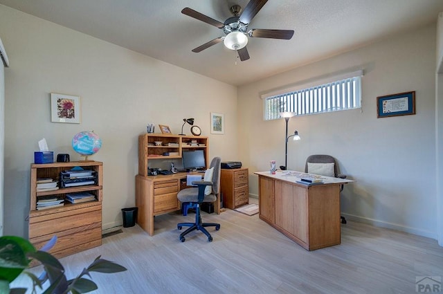 office space with light wood finished floors, ceiling fan, and baseboards