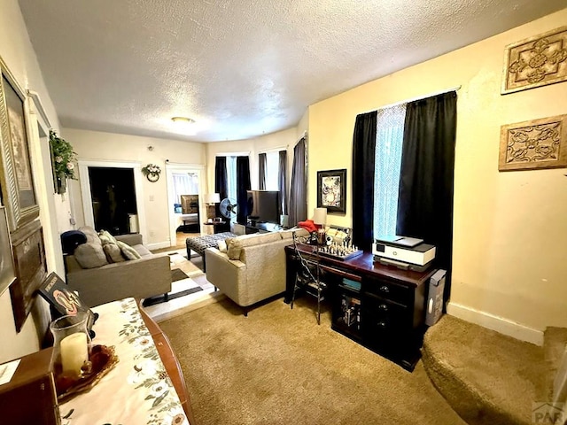 living area with carpet, a textured ceiling, and baseboards
