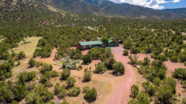 birds eye view of property with a mountain view and a view of trees