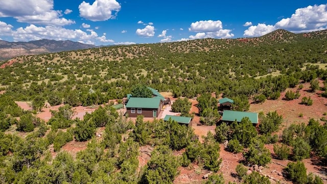 bird's eye view featuring a mountain view and a view of trees