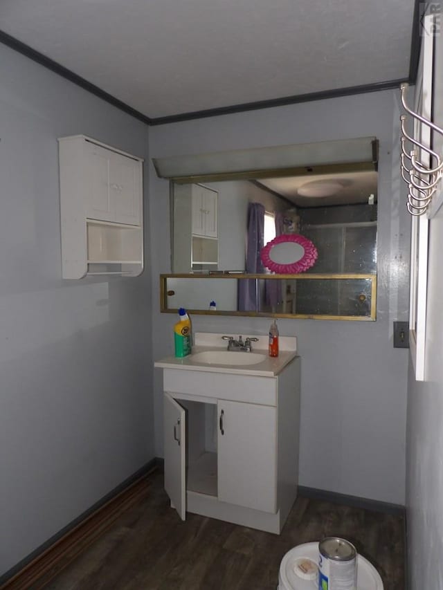 bathroom featuring wood finished floors, vanity, and ornamental molding