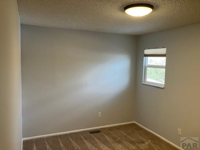 carpeted spare room with a textured ceiling and baseboards