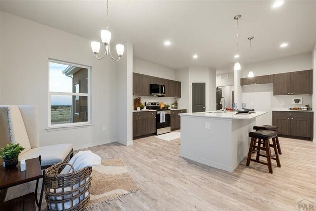 kitchen with a center island with sink, appliances with stainless steel finishes, light countertops, and pendant lighting