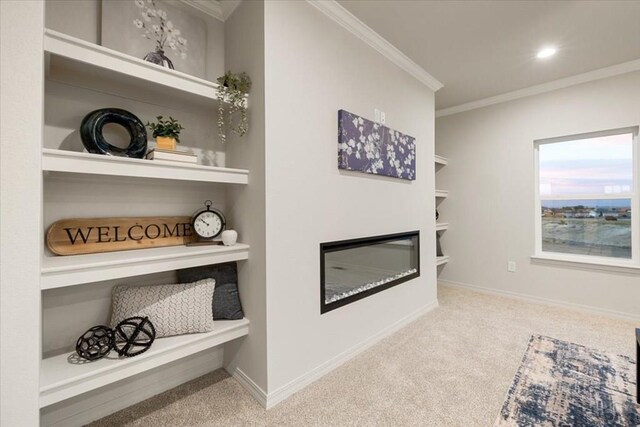 room details featuring baseboards, a glass covered fireplace, carpet, crown molding, and built in shelves