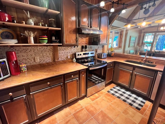 10421 Linger Longer Ln, Rye, CO 81069 - kitchen featuring stainless steel appliances, under cabinet range hood, a sink, open shelves, and backsplash