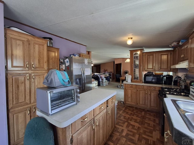 kitchen with stainless steel appliances, a toaster, light countertops, and under cabinet range hood