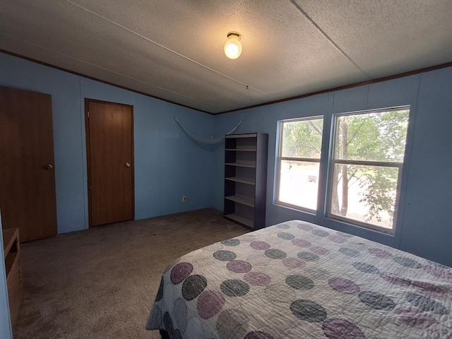 bedroom with vaulted ceiling, a textured ceiling, and carpet