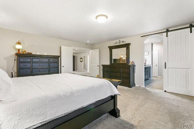 6740 Spruce Hill Ct, Colorado Springs, CO 80923 - bedroom featuring light colored carpet, arched walkways, and a barn door