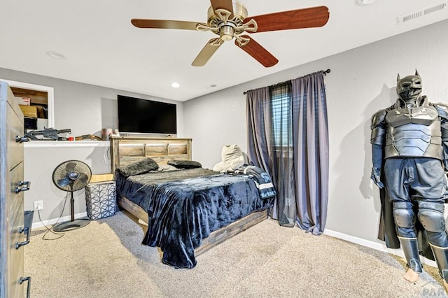 carpeted bedroom with a ceiling fan, recessed lighting, visible vents, and baseboards