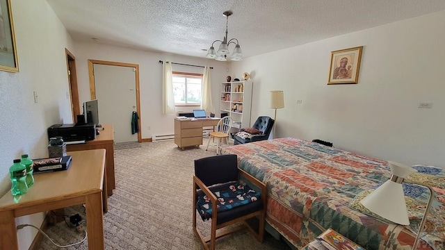 bedroom with a chandelier, carpet floors, a textured ceiling, and a baseboard radiator