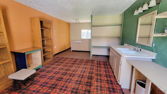 washroom featuring a textured ceiling and carpet flooring