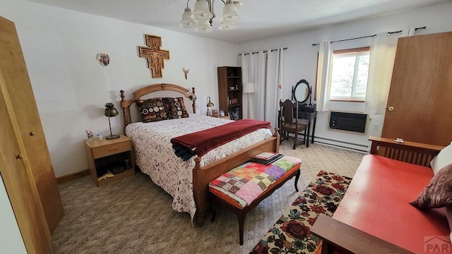 carpeted bedroom featuring a chandelier, a baseboard radiator, and a wall mounted air conditioner