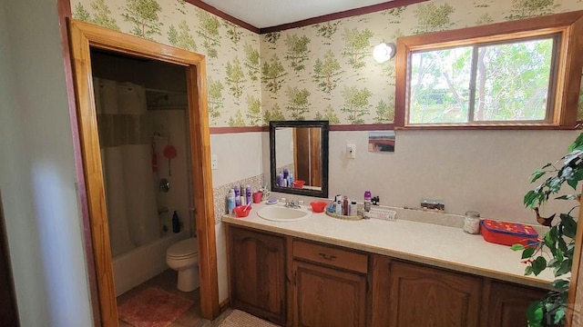 bathroom with wallpapered walls, vanity, toilet, shower / tub combo, and crown molding