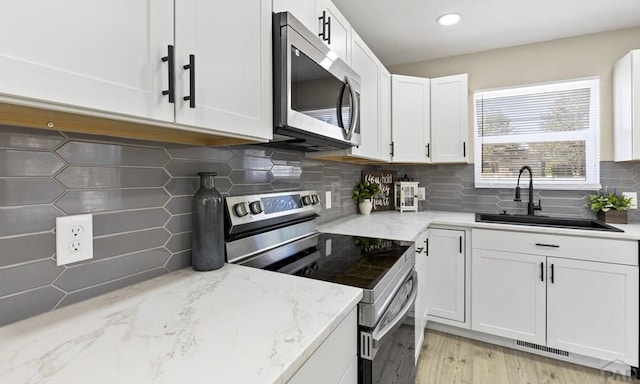 3009 Baystate Ave, Pueblo, CO 81005 - kitchen with stainless steel appliances, a sink, white cabinets, light wood-style flooring, and backsplash