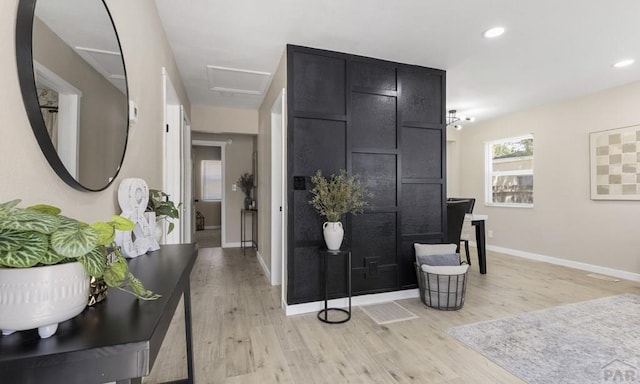 3009 Baystate Ave, Pueblo, CO 81005 - corridor featuring light wood-type flooring, baseboards, attic access, and recessed lighting