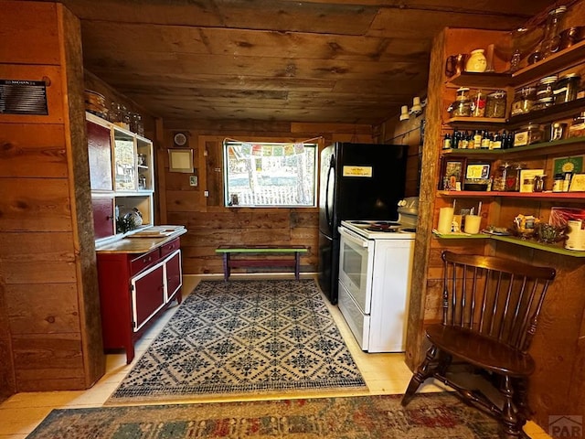 kitchen featuring open shelves, wood walls, wooden ceiling, and white range with electric stovetop