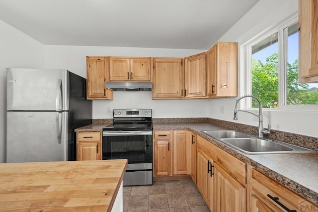 901 Kentucky St, Canon City, CO 81212 - kitchen with appliances with stainless steel finishes, under cabinet range hood, and butcher block counters