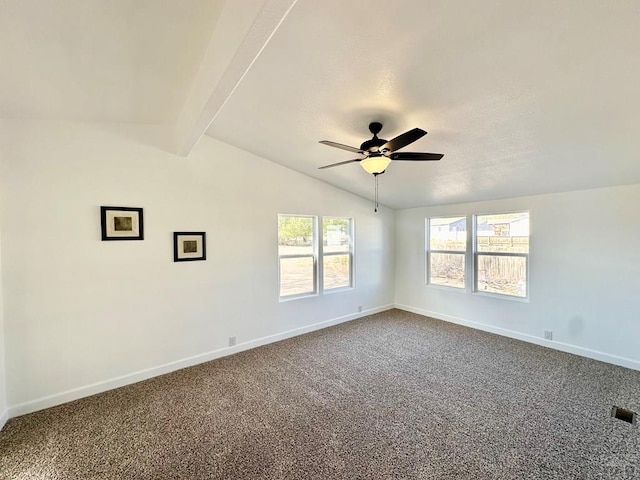 carpeted spare room featuring lofted ceiling with beams, ceiling fan, visible vents, and baseboards