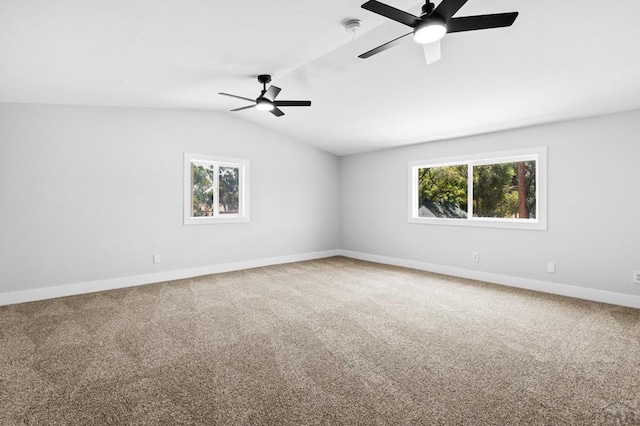 carpeted empty room with a healthy amount of sunlight, baseboards, a ceiling fan, and lofted ceiling
