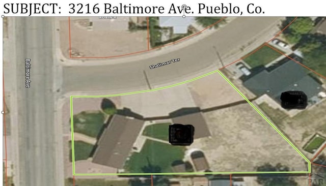 3216 Baltimore Ave, Pueblo, CO 81008 - aerial map of property and surrounding area featuring property boundaries highlighted