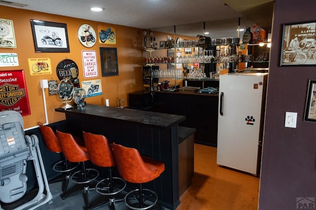 bar with wet bar and freestanding refrigerator