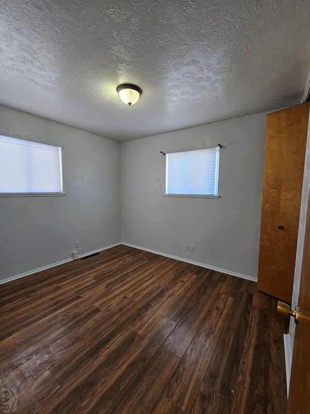 spare room featuring a textured ceiling, dark wood-type flooring, a wealth of natural light, and baseboards