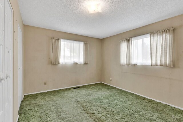 empty room featuring a textured ceiling, carpet floors, a wealth of natural light, and baseboards