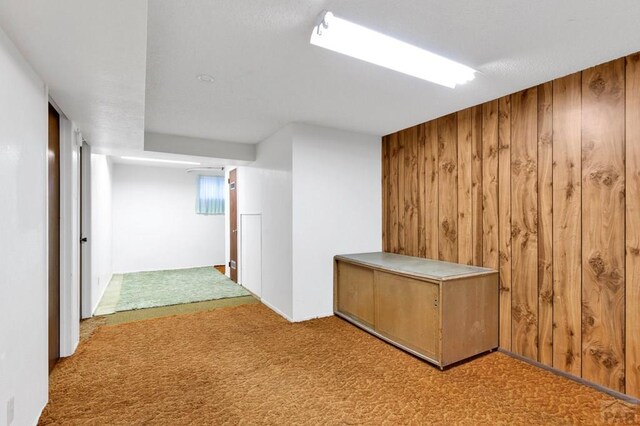 interior space featuring light carpet and wood walls