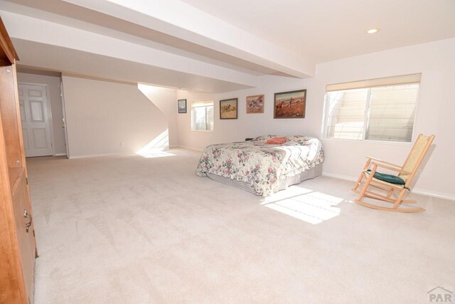 bedroom with carpet, baseboards, and recessed lighting