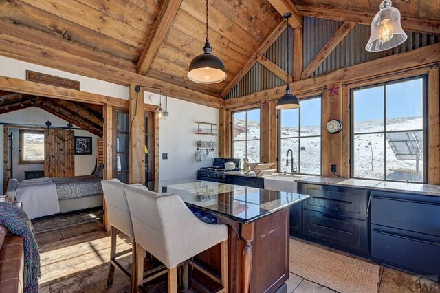 1225 Brokenhand Rd, Westcliffe, CO 81252 - kitchen featuring light stone counters, wood ceiling, pendant lighting, a kitchen breakfast bar, and a kitchen island