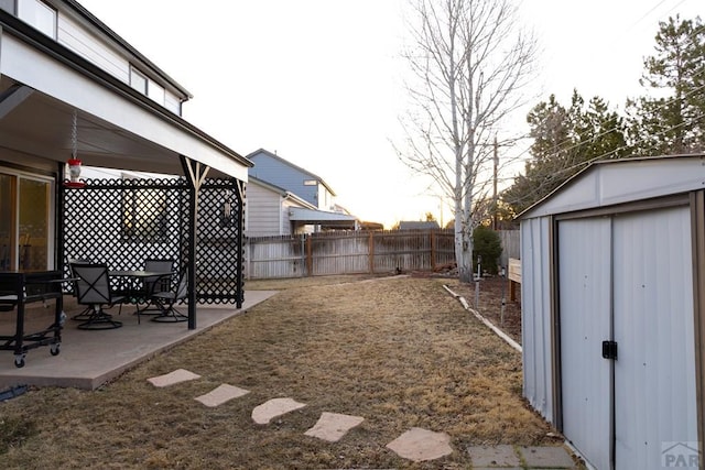 view of yard featuring a storage unit, a patio, an outdoor structure, and a fenced backyard