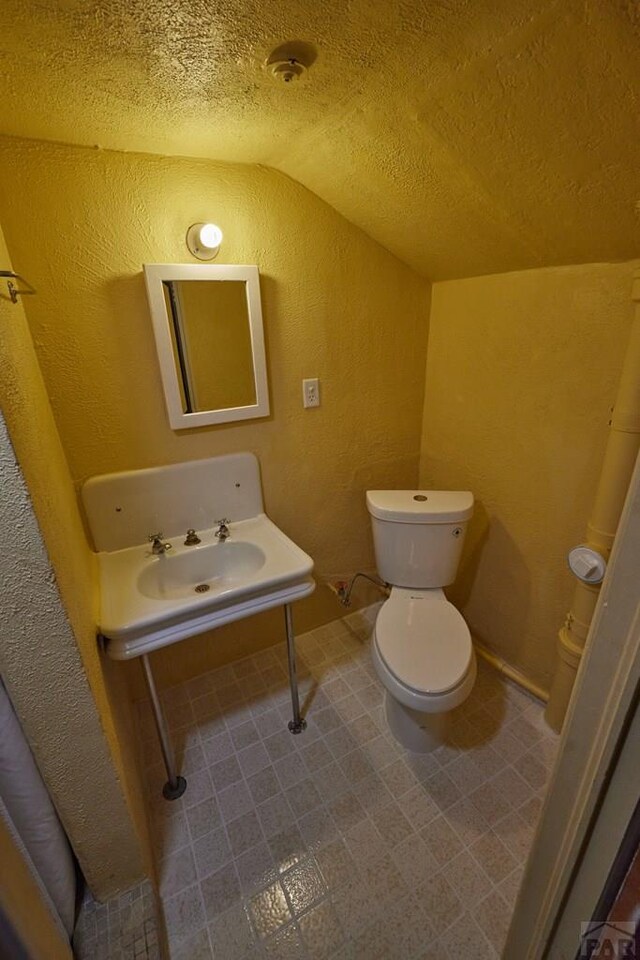 315 S Oak St, Trinidad, CO 81082 - half bath featuring a textured wall, lofted ceiling, toilet, and a textured ceiling