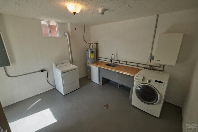 315 S Oak St, Trinidad, CO 81082 - laundry room featuring washer / clothes dryer, electric water heater, and a textured ceiling
