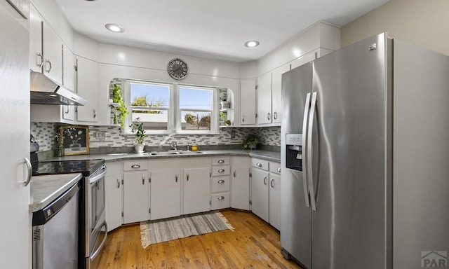 4321 Goodnight Ave, Pueblo, CO 81005 - kitchen with white cabinetry, appliances with stainless steel finishes, under cabinet range hood, and a sink